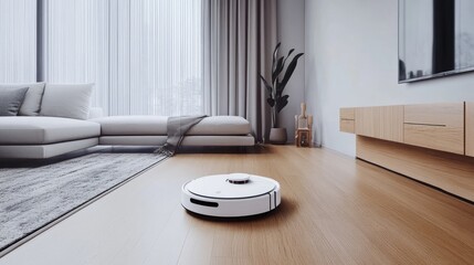 A robotic vacuum cleaner navigating around furniture in a minimalist living room
