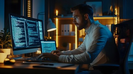 Qualified data scientist updating neural networks, writing complex binary code scripts. Certified teleworking man in home office uses digital device programming to