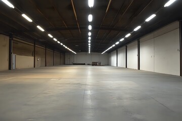Empty Industrial Warehouse with Fluorescent Lights and Concrete Floor