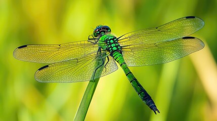 A vibrant green dragonfly perched on a blade of grass