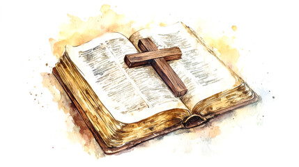 An open bible rests serenely with a wooden cross atop its pages, surrounded by warm colors and artistic brush strokes against a white backdrop