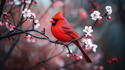 A vibrant red bird perched on a blossoming tree branch in spring © Matcha_09
