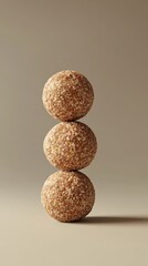 Three energy balls stacked on a neutral background. Healthy snack, wholesome, minimalistic, and balanced, ideal for clean eating concepts.