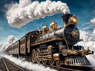 Obraz premium Steampunk Train on a Floating Track. Generative AI.