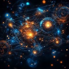 Abstract digital graphic showcasing interconnected nodes and glowing elements in a dark space, ideal for technology themes.