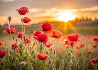 Obraz premium Vibrant red poppy flowers sway gently in a serene sunset-lit field, symbolizing remembrance and gratitude for fallen heroes on a warm summer evening.