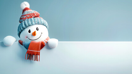 A smiling snowman wearing a blue and red hat and scarf peeks over a white sign, offering a blank canvas for your message