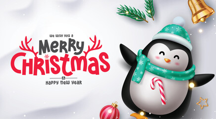Christmas penguin character vector design. Merry christmas greeting text in empty space snowy bokeh background with xmas elements like spruce leaves, bell, ball and star. Vector illustration new year 