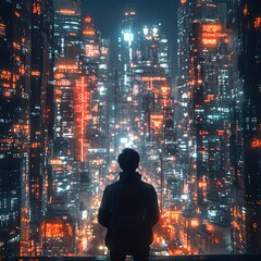 Fototapeta premium Silhouette of a man standing in front of a futuristic cityscape at night.