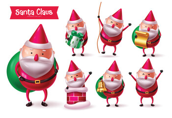 Christmas santa claus character vector set design. Santa claus character holding sack, gift, bell, rope elements in cute smiling, funny waving in chimney, and reading letter isolated in white 