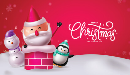 Merry christmas characters vector banner design. Christmas greeting text with funny santa claus in chimney, happy snowman and cute penguin character in outdoor red snow winter background. Vector 