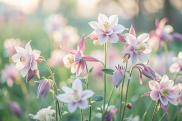 Obraz premium Delicate Columbine flowers sway gently in a serene field, bathed in warm, soft light, with pastel hues of purple, pink, and white, evoking peacefulness.