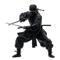 Male Ninja in Guard Pose with Swords on Transparent Background