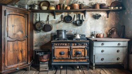 Depict a rustic kitchen with an old-fashioned wood-burning stove, surrounded by traditional cookware and a pot of homemade soup.