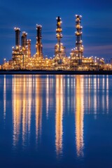 Naklejka premium A night view of a crude oil refining complex, with lights illuminating the facility and showcasing demand-driven production, reflecting growth in the energy sector.