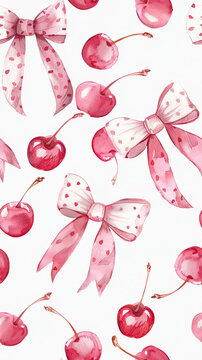 pink bow red cherries watercolor cutecore coquett on a pink background. pink cute wallpaper