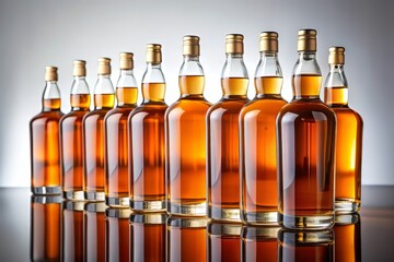 Rich amber whiskey bottles sit elegantly on a pristine white background, showcasing a 12-year aged single malt spirit from Scotland's revered Speyside region.