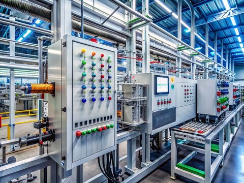 Industrial automation system featuring a programmable logic controller with intricate wiring, control panels, and sleek modern machinery in a futuristic factory backdrop.