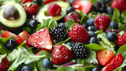Fototapeta premium Add avocado berries and a honey mustard dressing to mixed salad greens