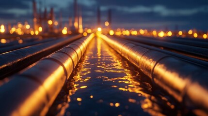 A close-up of crude oil flowing through refinery pipes, symbolizing the core of global energy demand and the vital role of oil in the energy market.