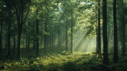 Fototapeta premium Sunbeams Filtering Through Dense Forest Canopy