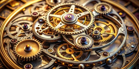 Obraz premium Intricately crafted antique timepiece mechanism features ornate gears, springs, and balance wheel, revealing a complex dance of precision engineering and nostalgic beauty.
