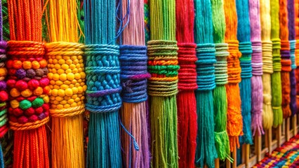 Vibrant threads in a kaleidoscope of colors weave together to create a stunning textile tapestry, showcasing the beauty of fabric design and manufacturing craftsmanship.