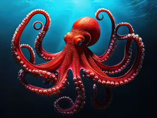 A large red octopus is swimming in the ocean