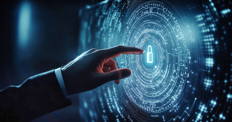 A businessman touches a glowing digital lock icon on a holographic screen, emphasizing cybersecurity in a fast-paced technological environment