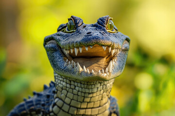 A joyful crocodile with a big grin, radiating happiness in a playful portrait.