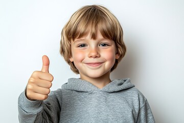 Smiling boy giving thumbs up in gray hoodie against light background
