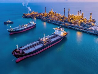 An aerial shot of an expansive crude oil refinery by the sea, with ships docked for loading, highlighting the facility's role in meeting global demand.