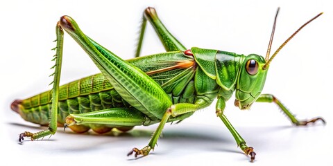 Fototapeta premium Vibrant green grasshopper cricket insect isolated on white background, showcasing intricate details and textures in its body and delicate legs in perfect focus.