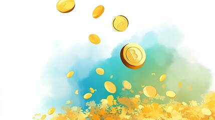 Illustration of falling coins representing cryptocurrency on a colorful background.