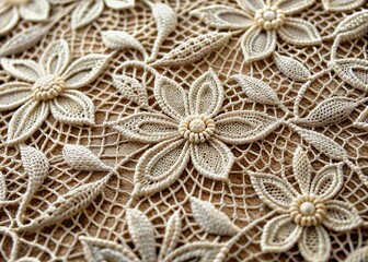 Delicate threads weave an intricate tapestry of floral patterns and geometric shapes in this exquisite close-up of a lace fabric, showcasing precise craftsmanship.