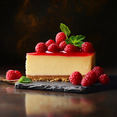 Delicious cheesecake slice topped with fresh raspberries and mint, served on a dark slate, perfect for dessert and food photography.