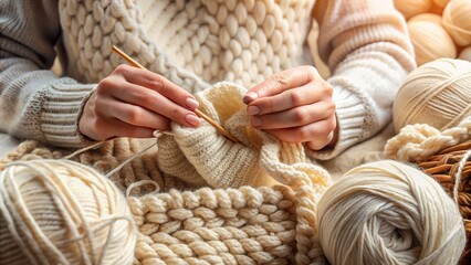 Delicate fingers weave soft, chunky cream-colored yarn into a warm fabric, showcasing intricate knitting patterns and textures in a cozy, intimate close-up scene.