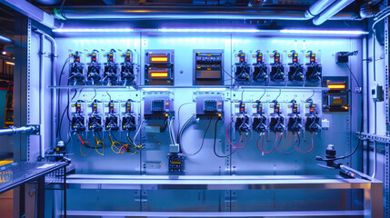 This advanced control panel features numerous electrical switches, wires, and power boards, illuminated by striking blue lighting in a contemporary factory environment