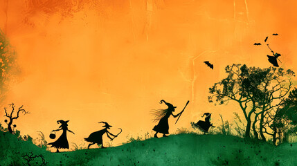 Obraz premium Silhouettes of witches and wizards gather in a mystical setting, blending with creepy trees and an orange background for a Halloween celebration