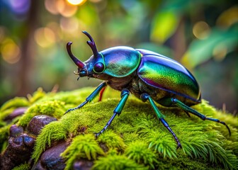 Fototapeta premium Vibrant Japanese rhinoceros beetle with iridescent blue and green coloring perches on a mossy rock amidst lush green foliage in a serene natural setting.