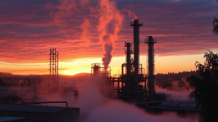 Industrial landscape at sunset with smoke and steam rising from chimneys.