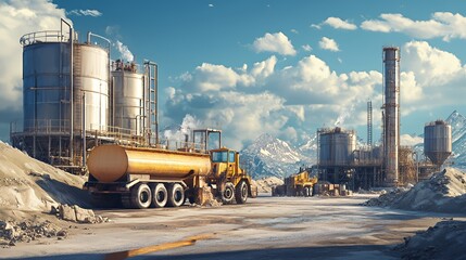 Obraz premium Industrial landscape featuring storage tanks and heavy machinery in a mountainous setting.