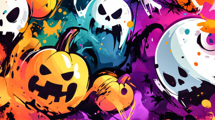 Fototapeta premium Colorful ghosts and pumpkins dance across an abstract backdrop, capturing the energetic spirit of Halloween in a lively graffiti style full of bold hues