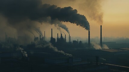 Industrial landscape with smoke rising from factories at sunset.