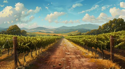 Naklejka premium Depict two roads running parallel through a picturesque vineyard, with rows of grapevines on either side.