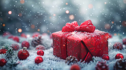 Fototapeta premium Valentine's gift on snow and red background