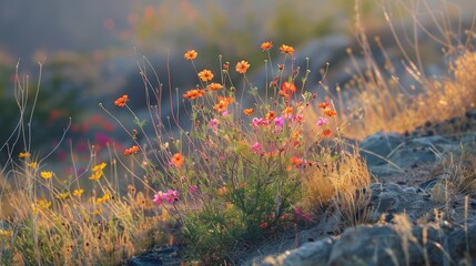 Desert flowers bloom in vibrant bursts of color, often after rare rainfall
