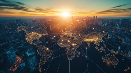 Globale vernetzte Lieferkette durch smarte innovative Logistikprozesse LKW Schiff Weltkarte leuchtpunkte Bewegung Generative AI