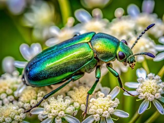 Vibrant green iridescent beetle with metallic blue accents perches on a delicate white flower, its intricate compound eyes and antennae showcasing nature's tiny marvel.