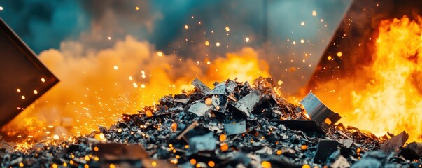 Industrial shredders processing metal scraps in a well-lit recycling plant, dynamic composition, sparks flying, recycling factory, metal recycling process